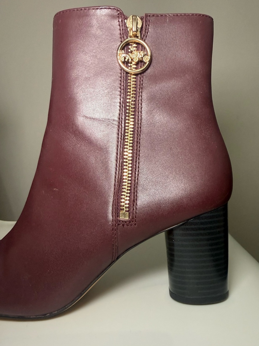 Coach Wine Leather Ankle Boots with Gold Zip Pull - Picture 4 of 13